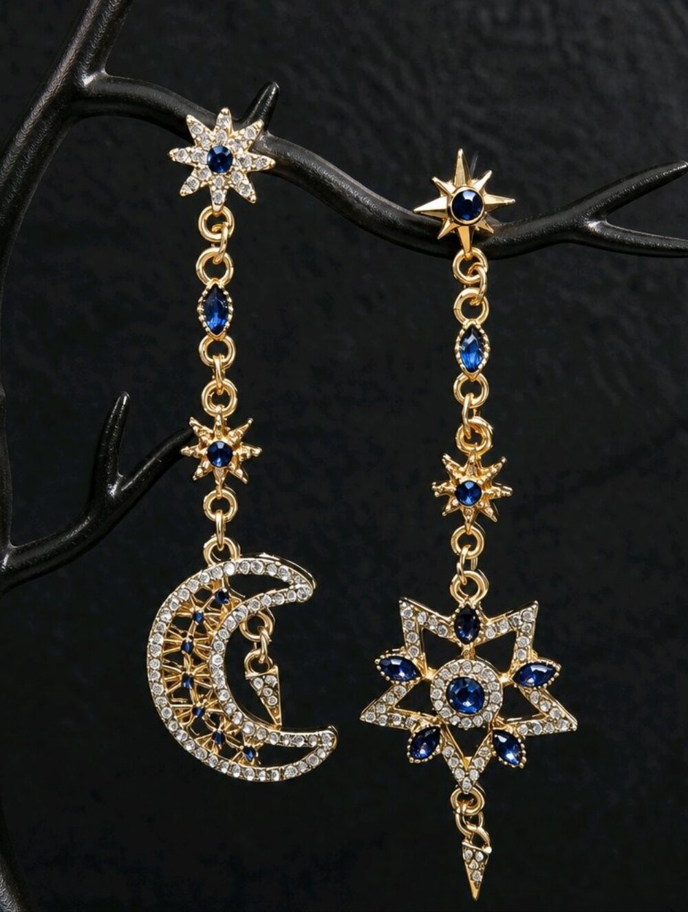 Star Moon Crystal Rhinestones Asymmetrical Long Earrings~New!
